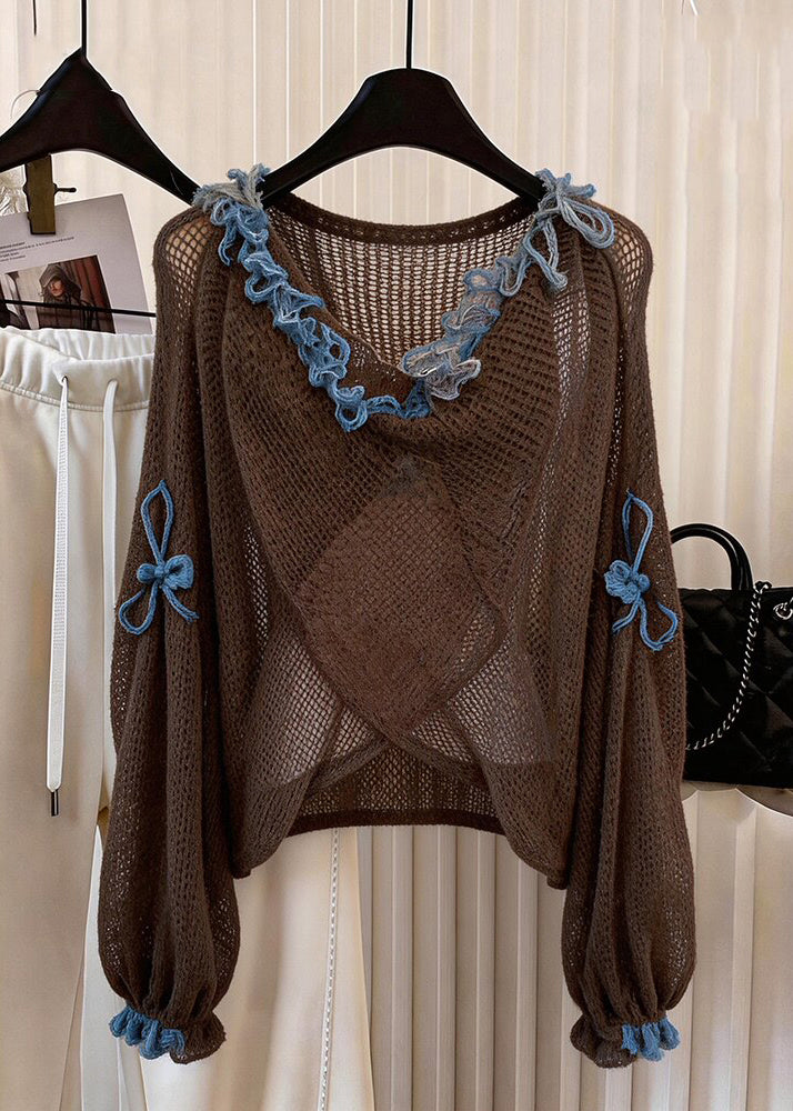 Unique Coffee V Neck Floral Decorated Knit Top Long Sleeve
