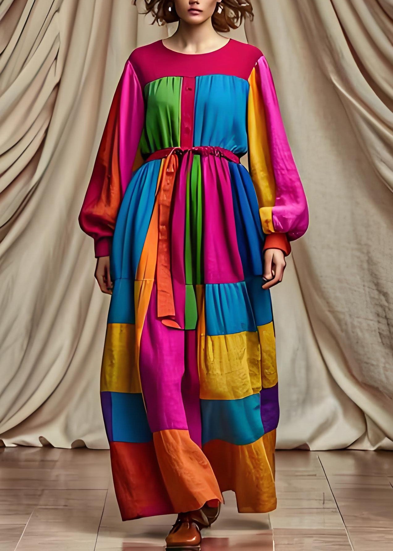 Einzigartiges Colorblock-O-Ausschnitt-Patchwork-Baumwollkleid mit Bindegürtel und langen Ärmeln