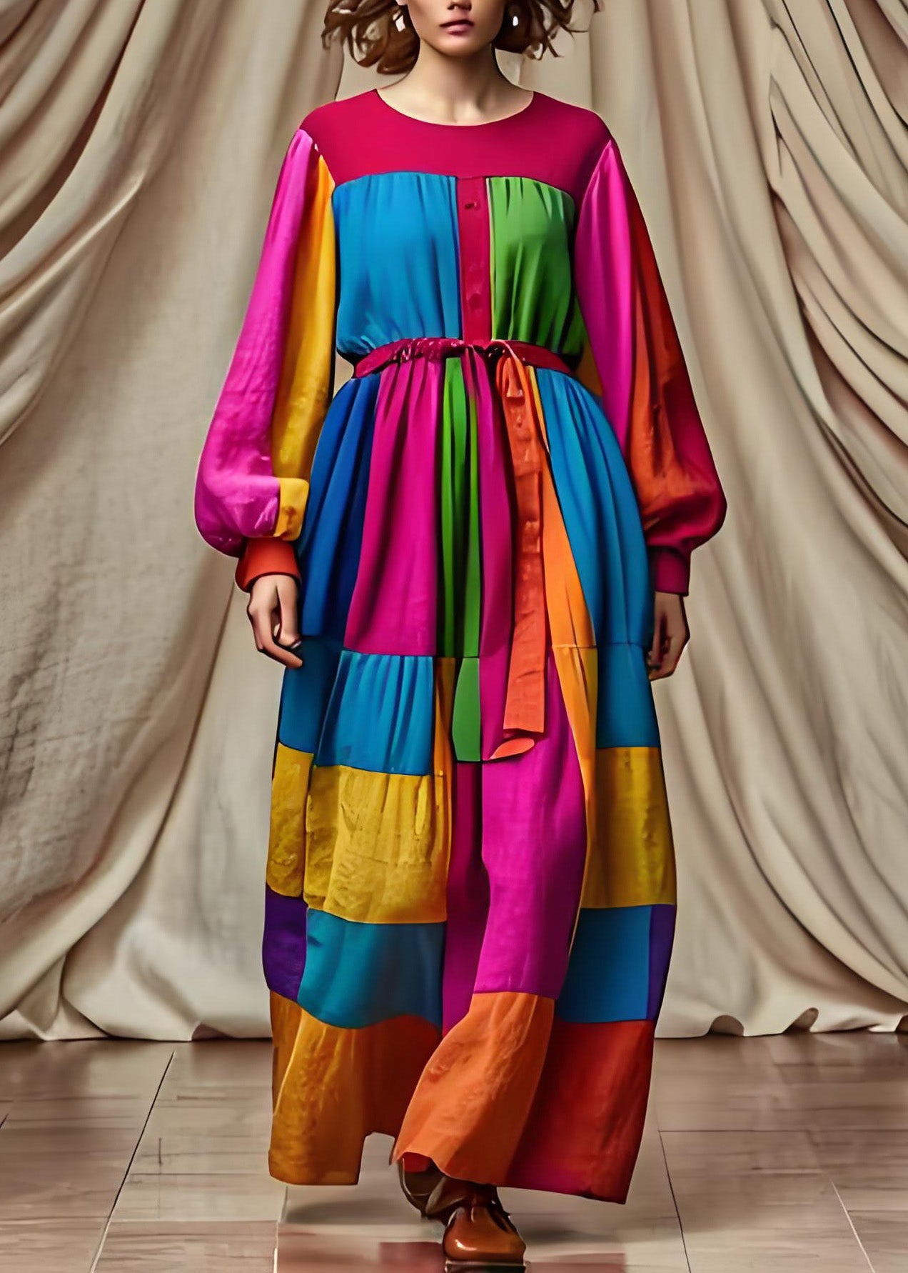 Einzigartiges Colorblock-O-Ausschnitt-Patchwork-Baumwollkleid mit Bindegürtel und langen Ärmeln
