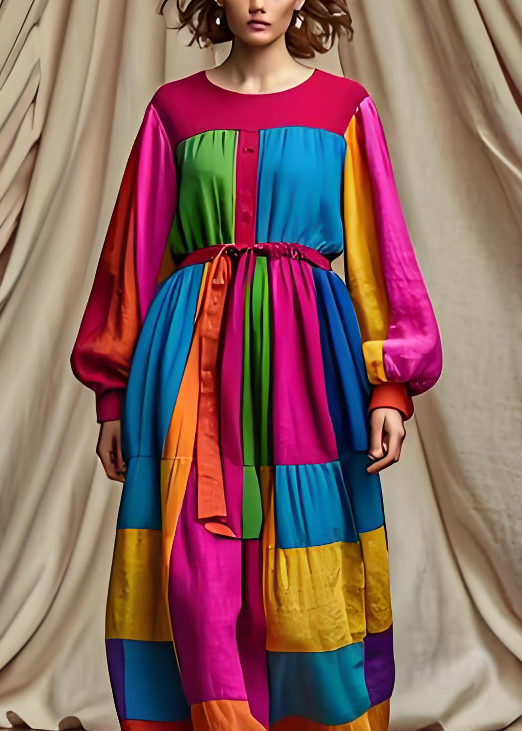 Einzigartiges Colorblock-O-Ausschnitt-Patchwork-Baumwollkleid mit Bindegürtel und langen Ärmeln