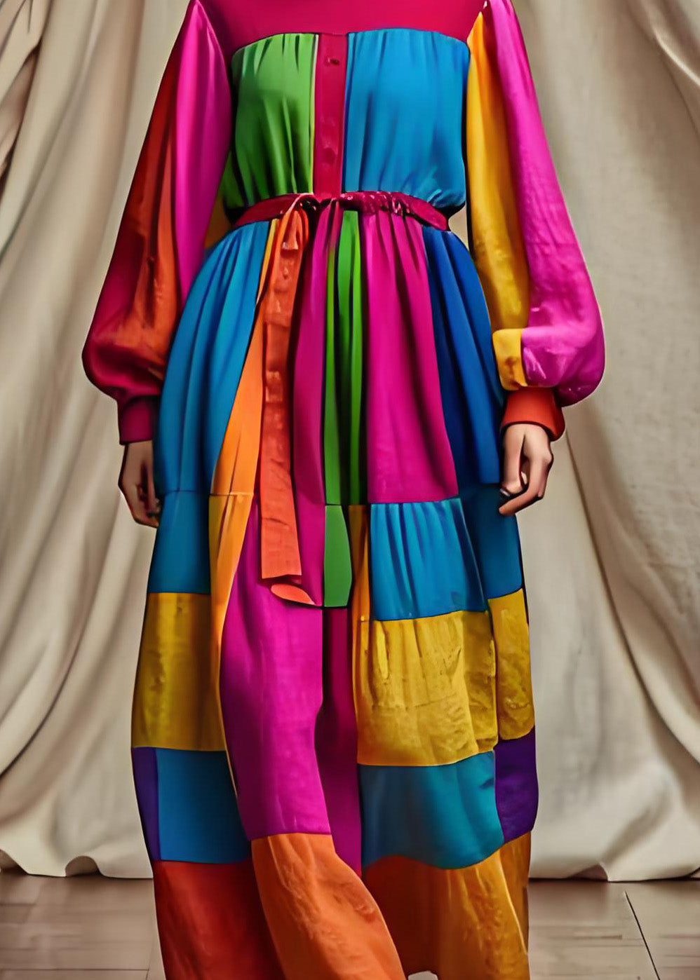 Einzigartiges Colorblock-O-Ausschnitt-Patchwork-Baumwollkleid mit Bindegürtel und langen Ärmeln