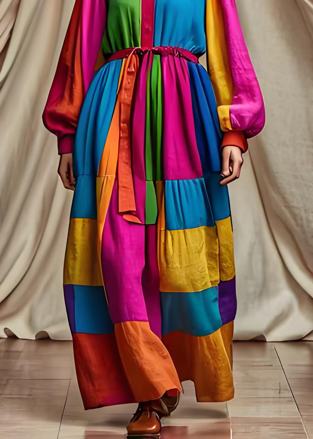 Einzigartiges Colorblock-O-Ausschnitt-Patchwork-Baumwollkleid mit Bindegürtel und langen Ärmeln