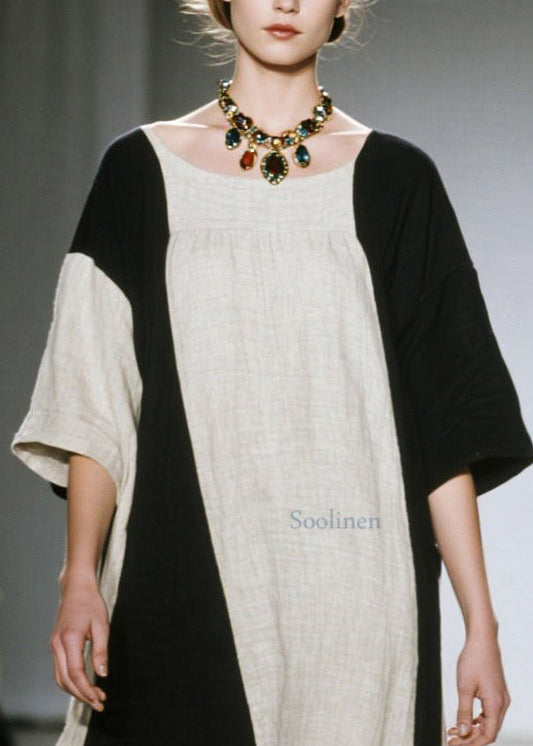 Einzigartiges, farblich abgesetztes Oversize-Baumwollkleid im Patchwork-Stil mit halben Ärmeln