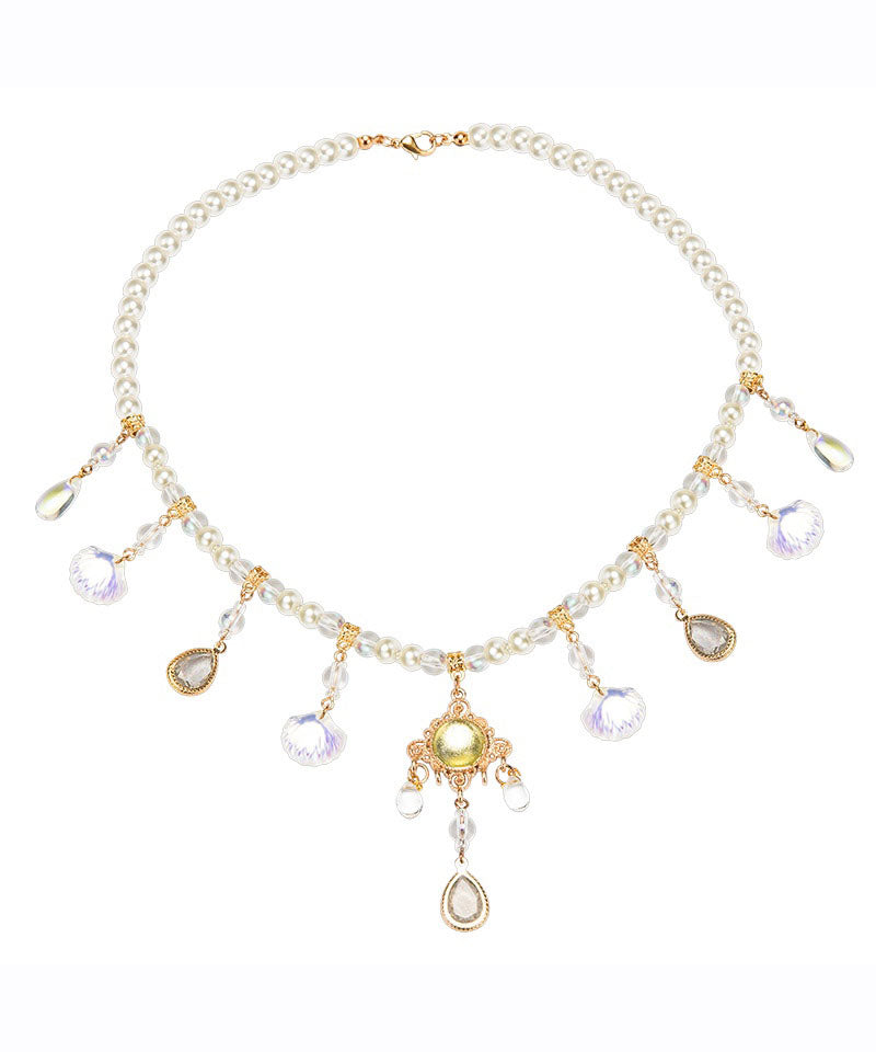 Einzigartige Perlen-Muschel-Blumen-Lasso-Halskette in Farbblock-Optik