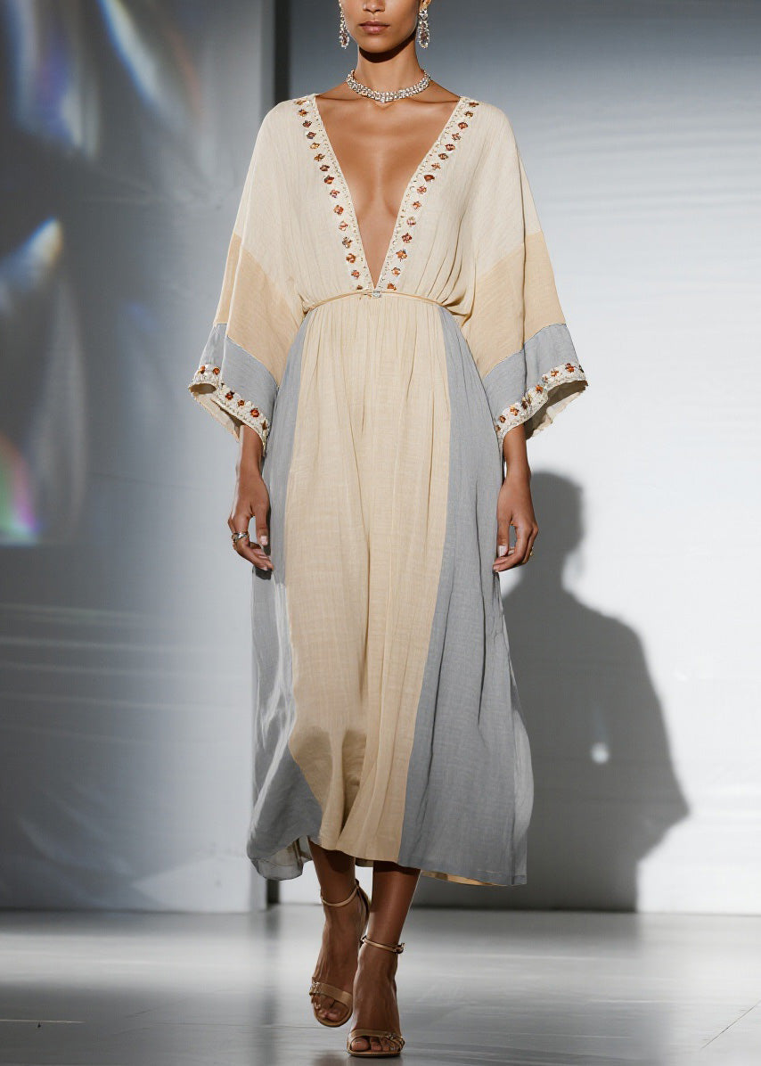 Unique Colorblock V Neck Patchwork Cotton Dress Summer