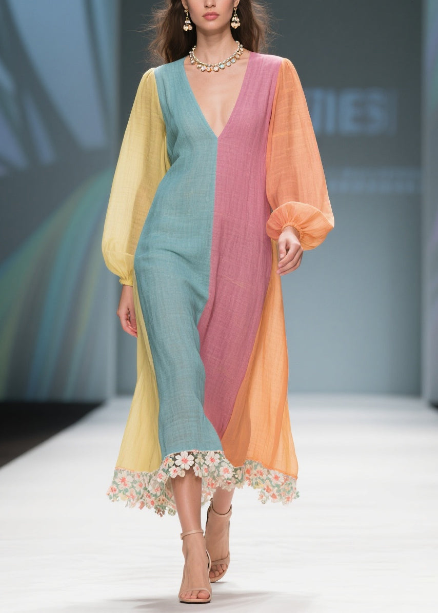 Unique Colorblock V Neck Patchwork Cotton Dresses Lantern Sleeve