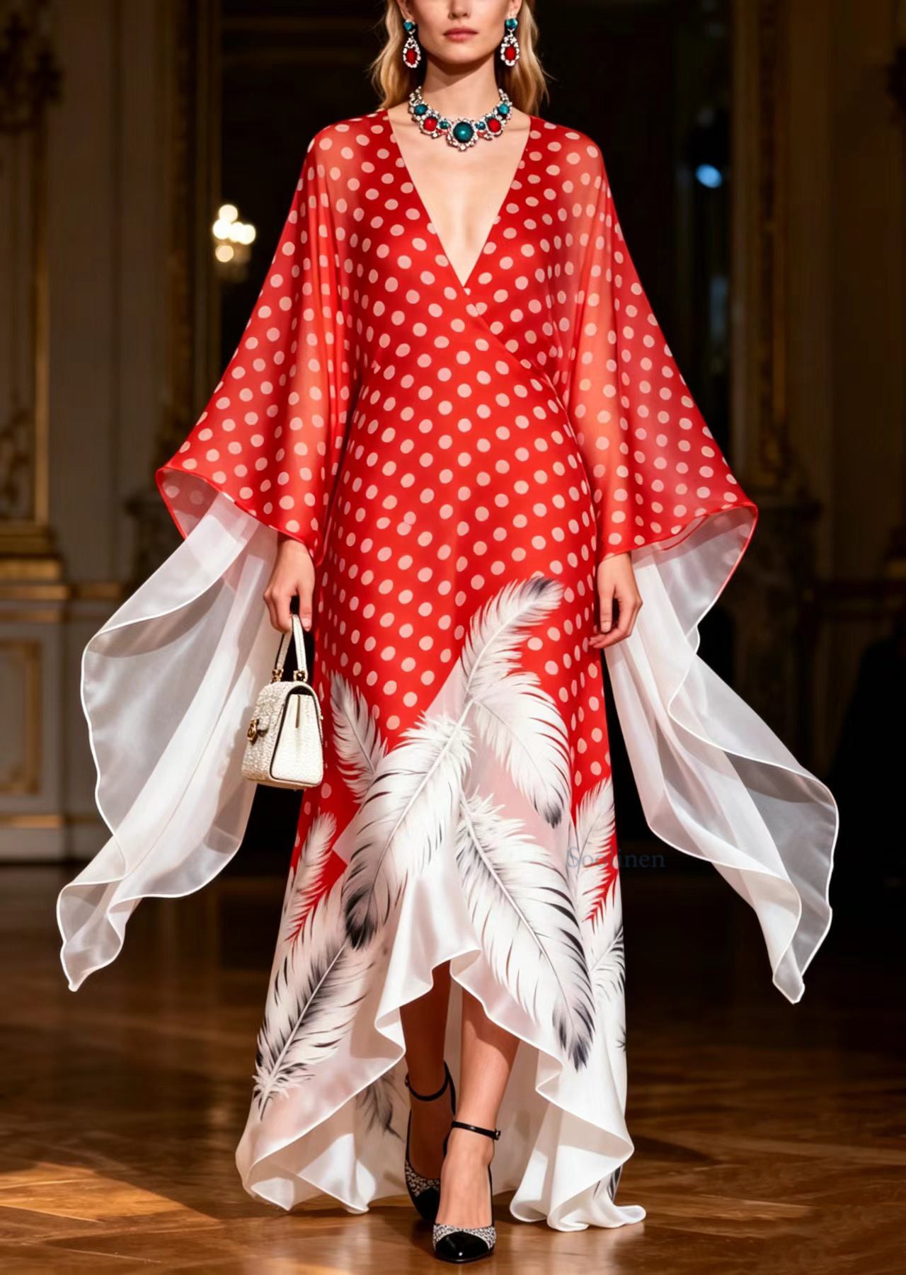 Unique Colorblock V Neck Print Chiffon Maxi Dress Summer