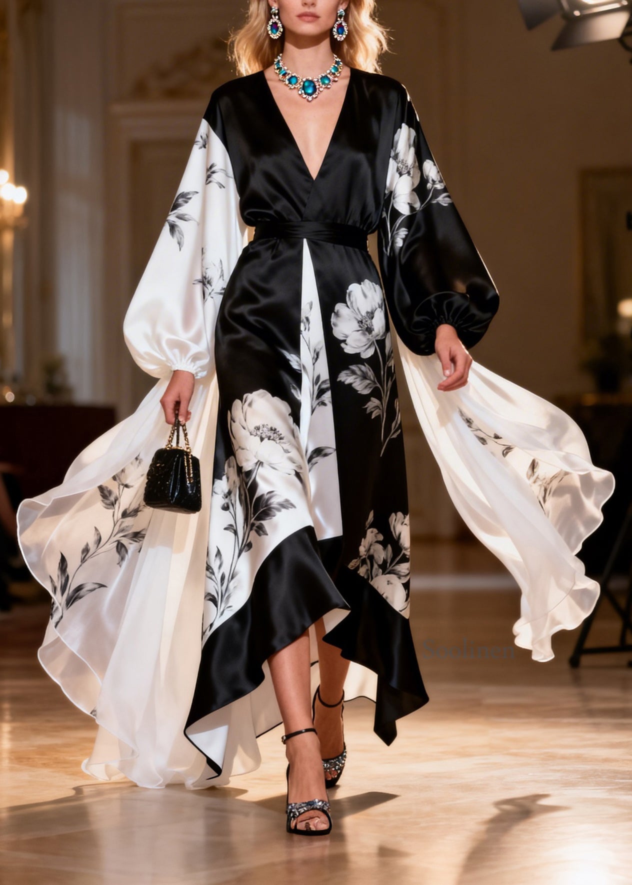 Unique Colorblock V Neck Print Patchwork Silk Dresses Lantern Sleeve