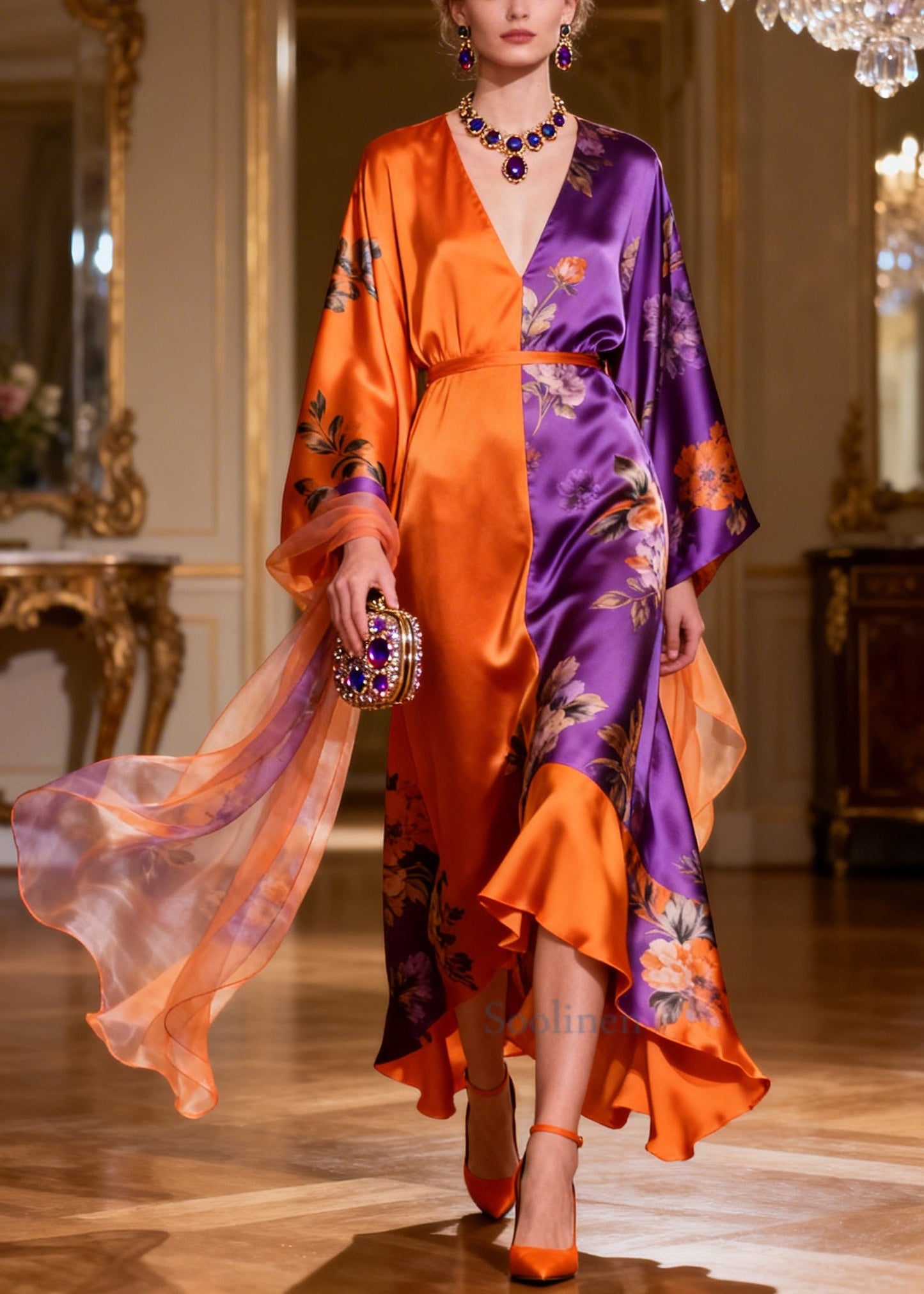 Unique ColorblockC Asymmetrical Patchwork Silk Long Dresses Summer