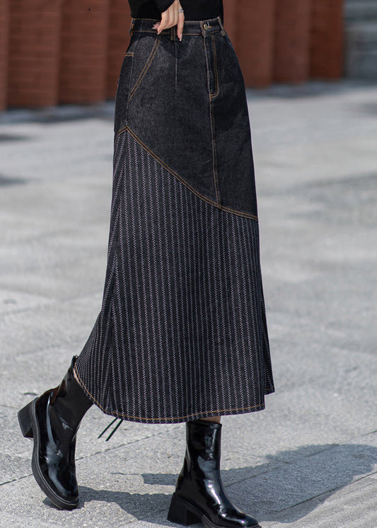 Unique Dark Grey Pockets Patchwork Denim Skirts Spring