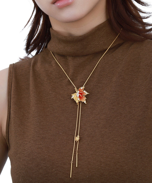 Unique Gold Copper Overgild Maple Leaf Lariat Necklace