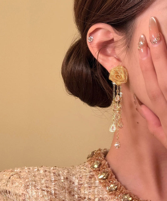 Unique Gold Copper Overgild Rose Tassel Drop Earrings