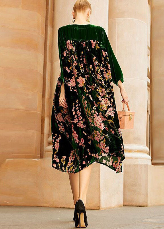 Einzigartige grüne O-Ausschnitt Patchwork Print Seide Velours lange Kleider Armband Ärmel