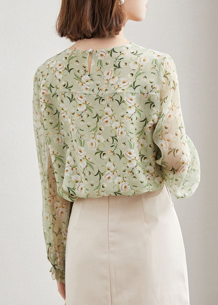 Einzigartige Grüne O-Neck taste Rüschen druck Chiffon Tops Frühling