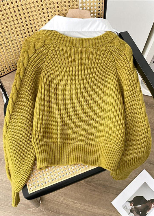 Unique Green Peter Pan Collar False Two Pieces Knit Top Spring