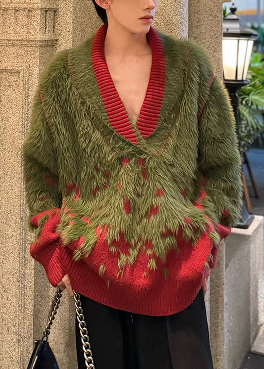Unique Green V Neck Cozy Patchwork Mink Hair Knitted Men Sweater Winter