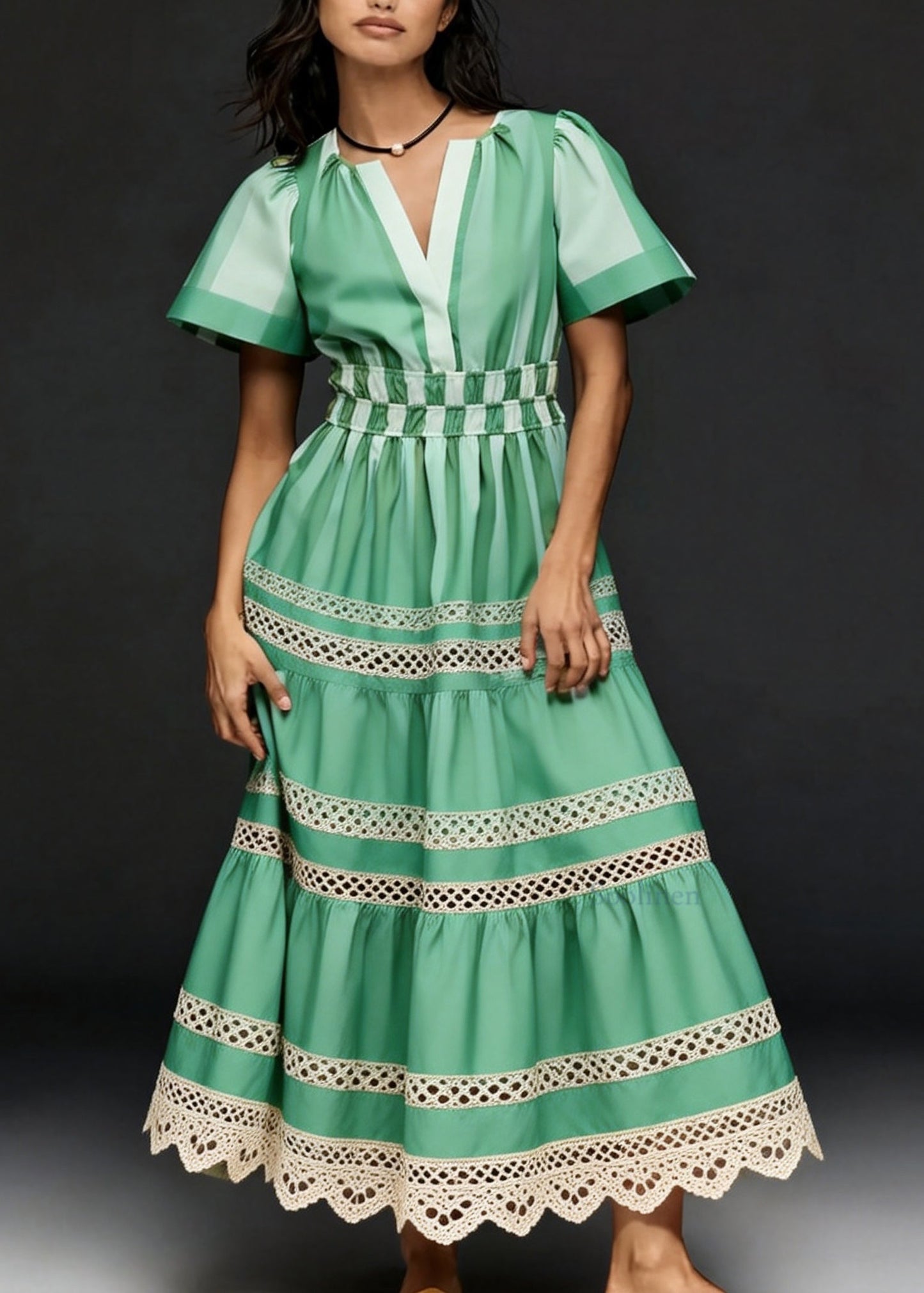 Unique Green V Neck Hollow Out Patchwork Cotton Long Dresses Summer