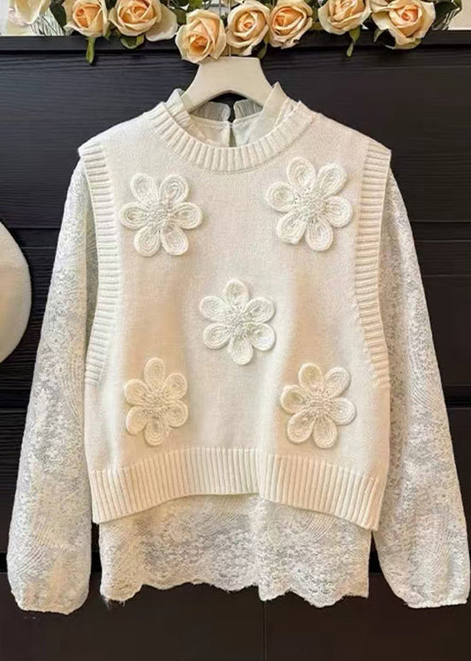 Unique Grey Floral Knit Vest And Shirts 2 Piece Outfit Spring