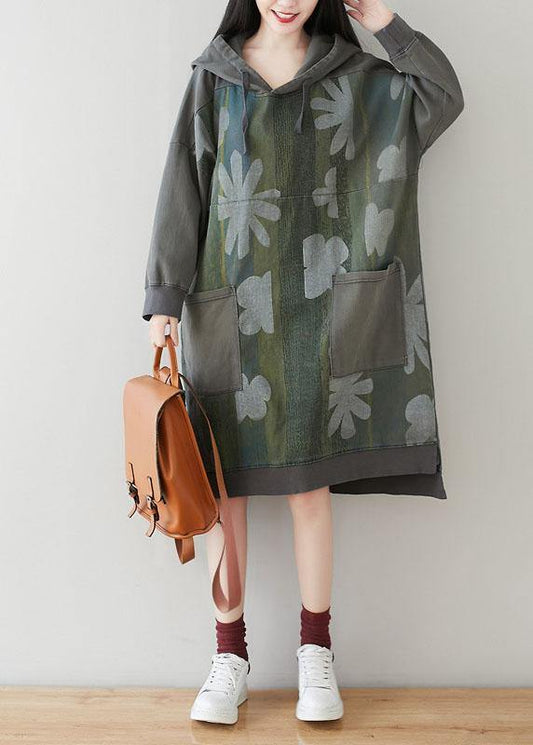 Unique Grey Hooded Pockets Patchwork Print Fall Sweatshirt Dress - SooLinen