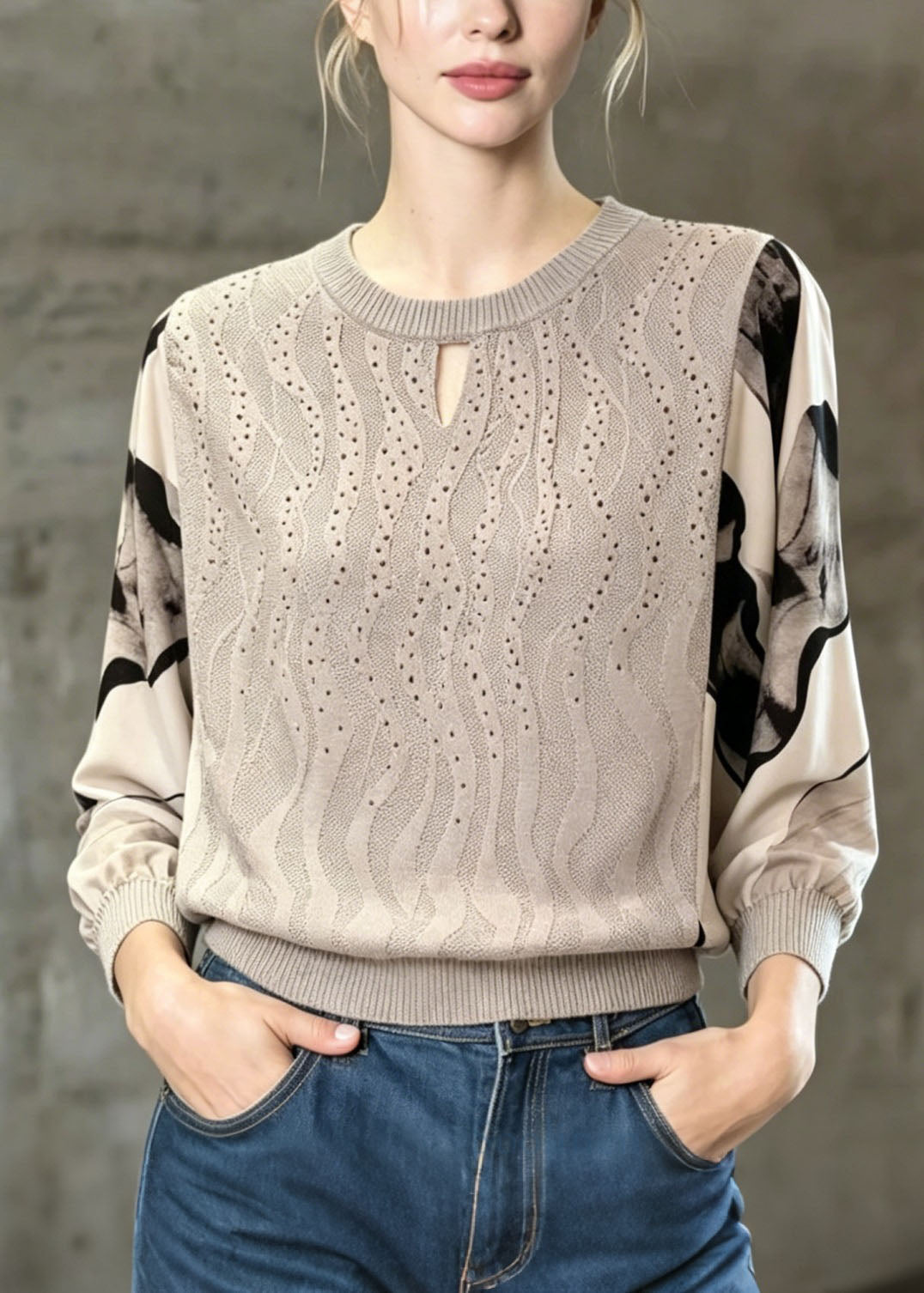 Unique Grey O Neck Chiffon Print Patchwork Knit Top Spring