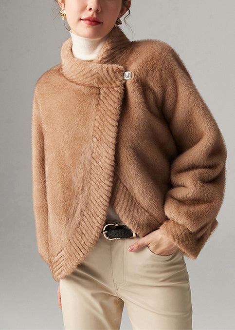 Einzigartiger, asymmetrischer, khakifarbener, warmer Kurzmantel aus Kunstnerz-Samt für den Winter