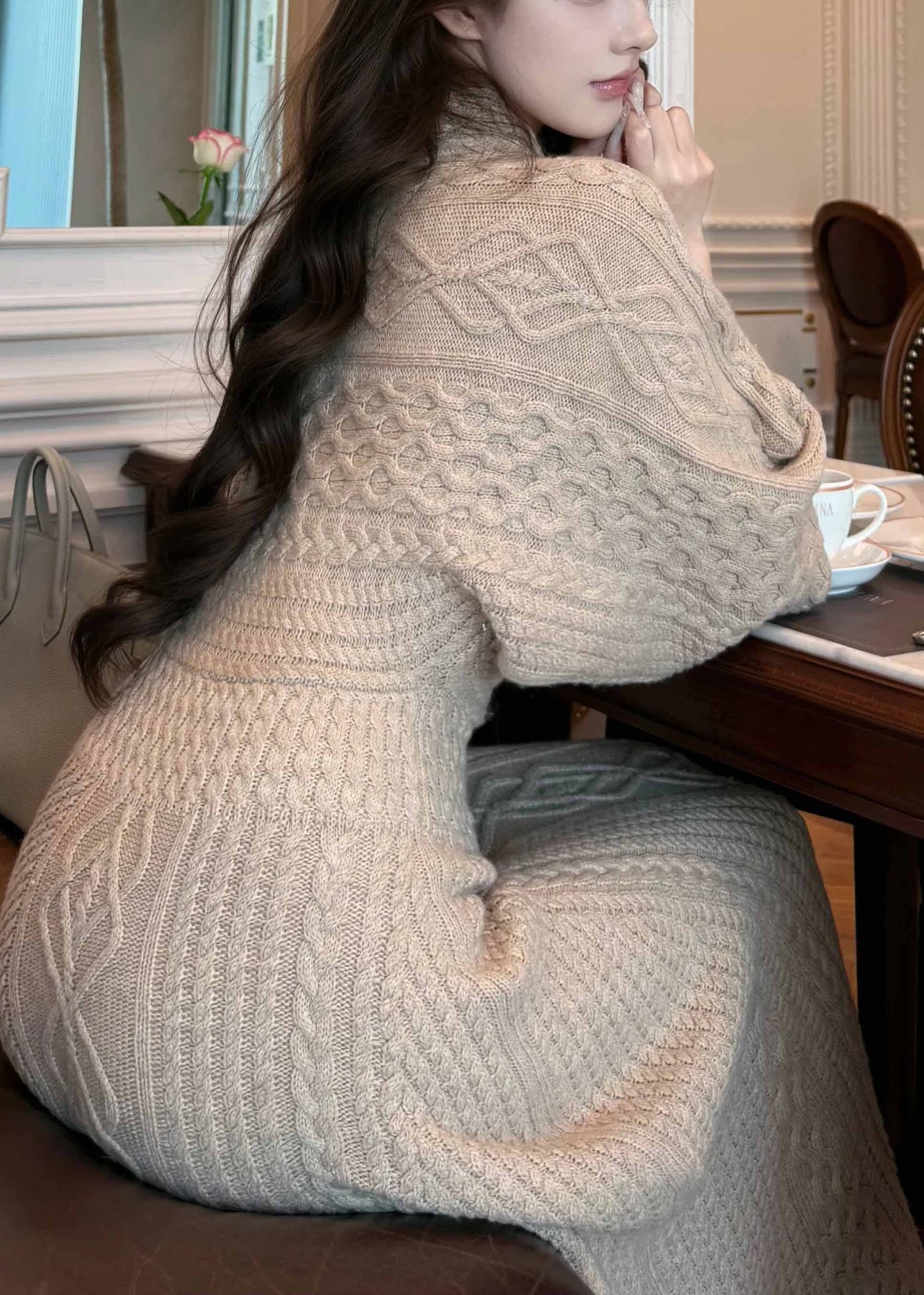 Unique Khaki O-Neck Slim Fit Knit Long Dresses Spring