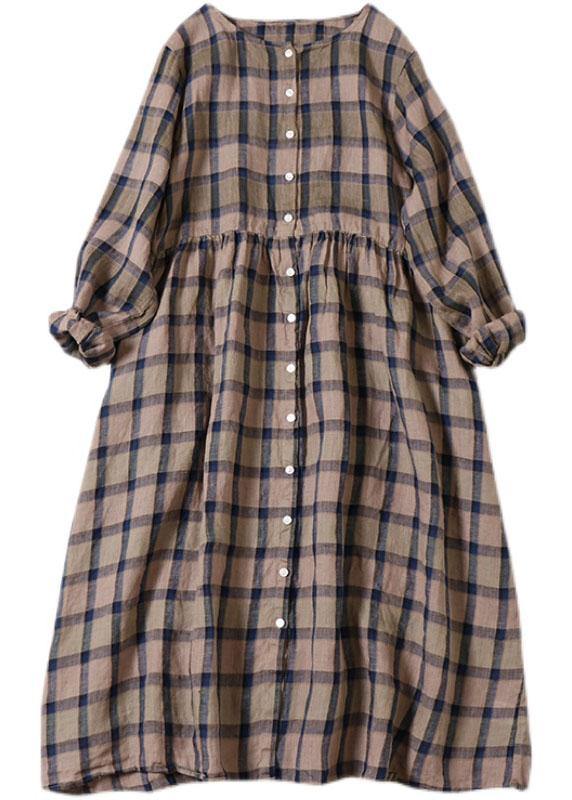 Unique Khaki Plaid Patchwork Pockets Button Fall Long sleeve Dresses - SooLinen