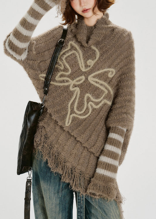 Einzigartiges khakifarbenes Stricktop mit Rollkragen, Quasten und Fledermausärmeln