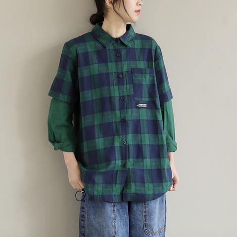 Unique Lapel False Two Pieces Crane Tops Design Black White Plaid Tops - SooLinen