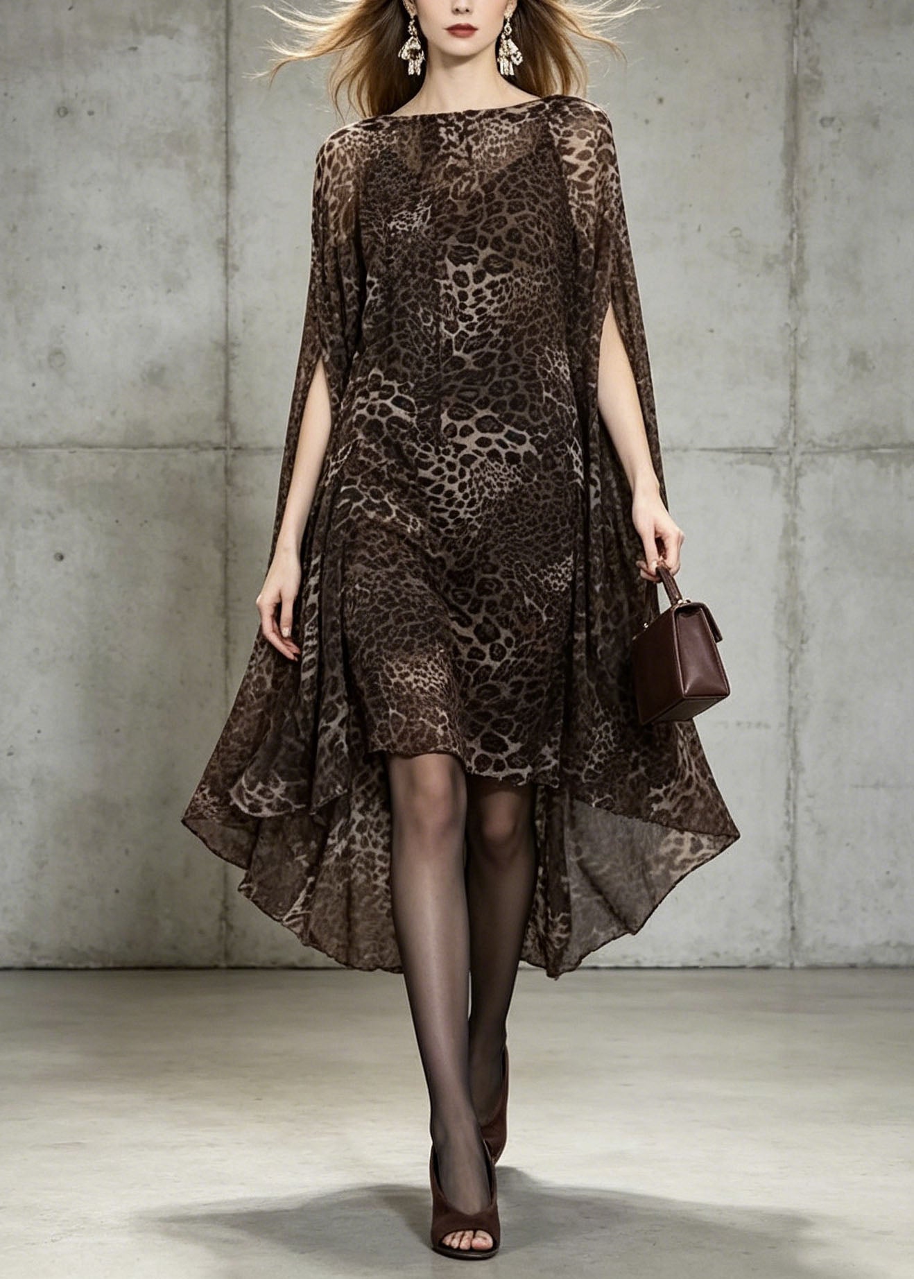 Unique Leopard Print Slash Neck Chiffon Dress Batwing Sleeve