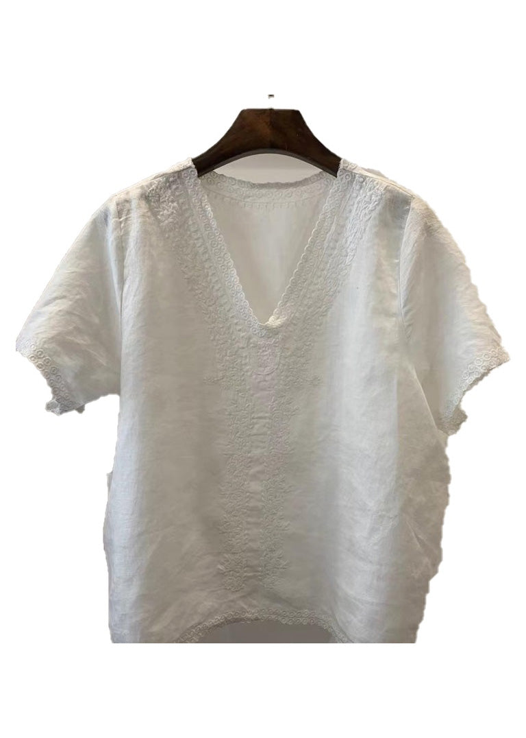 Unique Light Blue V Neck Embroidered Linen Shirt Tops Summer