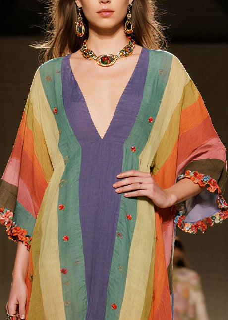 Unique Multicolored Ruffled Striped Cotton Maxi Dress Bracelet Sleeve