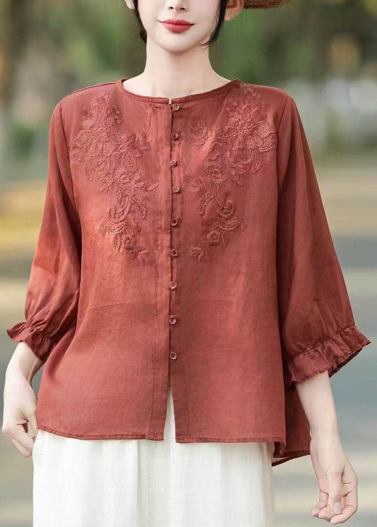 Unique Navy Ruffled Embroidered Linen Shirt Tops Summer