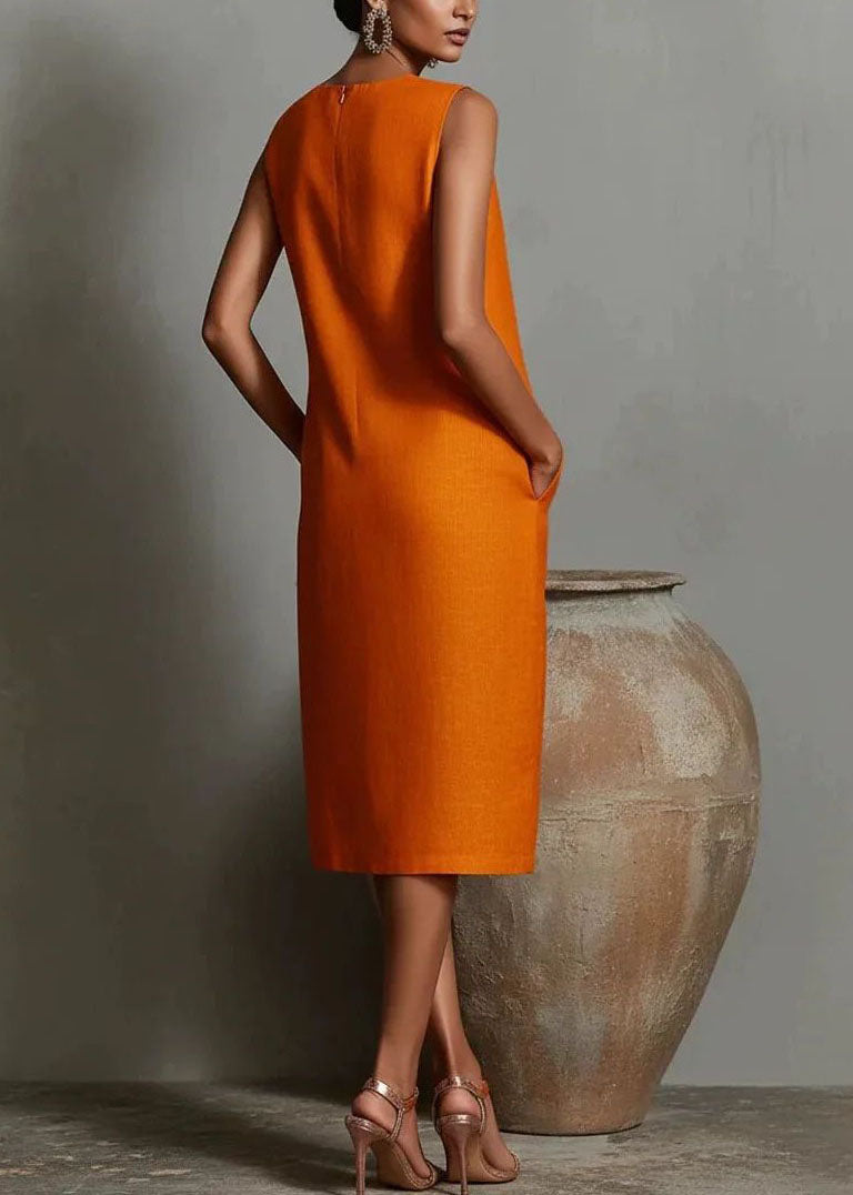 Unique Orange O-Neck Cotton Mid Dresses Sleeveless