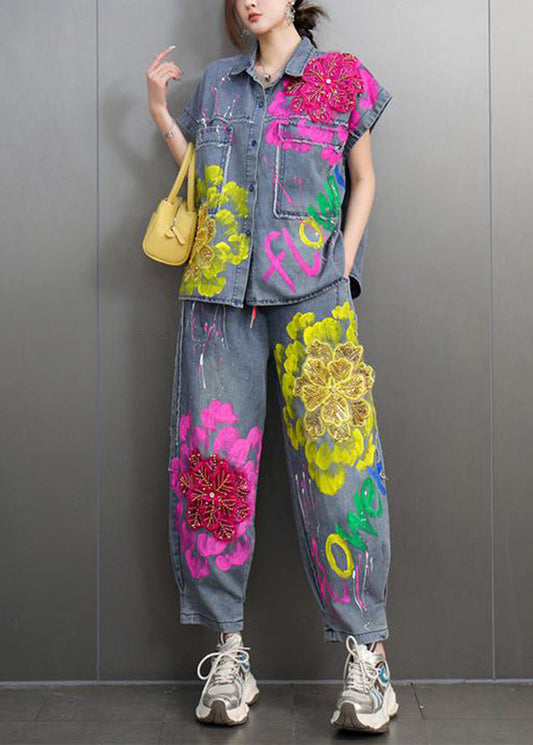 Unique Peter Pan Collar Floral Denim Shirts And Crop Pants Two-Piece Set Short Sleeve