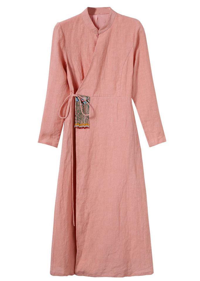 Unique Pink Embroideried tie waist Summer Linen Summer Dresses - SooLinen