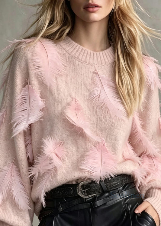 Unique Pink O Neck Feather Loose Knit Sweaters Fall