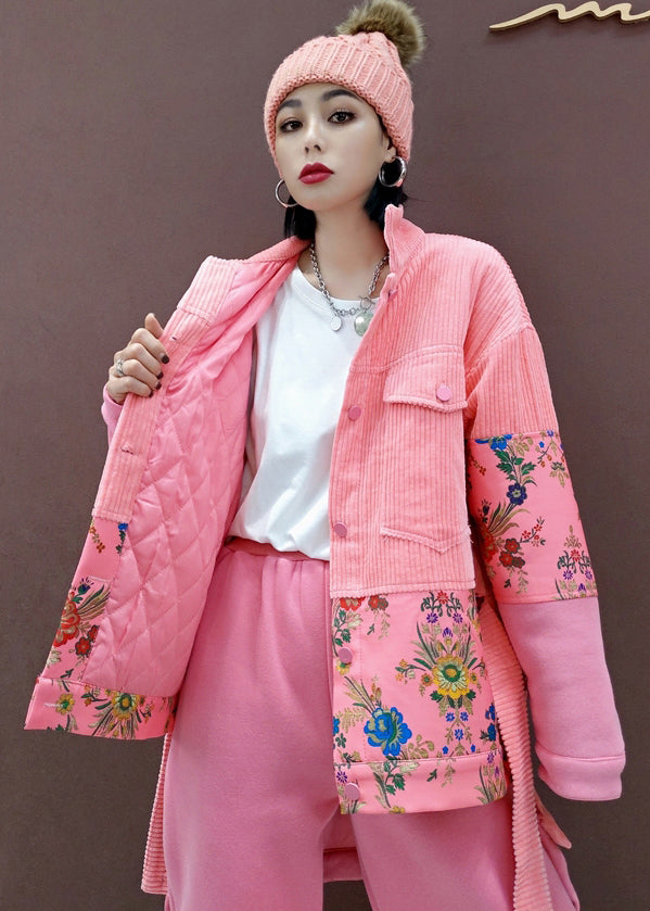 Einzigartiges rosa Peter Pan Kragen Patchwork Cord Zweiteiler Set Frühling