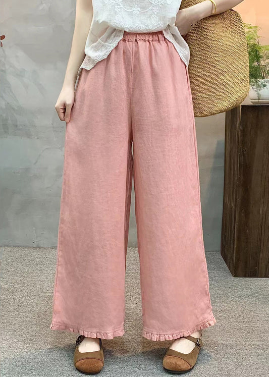 Unique Pink Ruffled Linen Straight Pants Summer