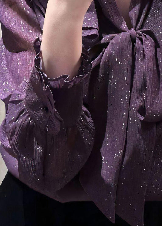 Unique Purple Bow Ruffled Solid Shirt Fall