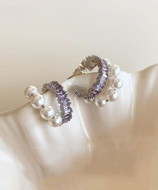 Unique Purple Copper Overgild Zircon Pearl Hoop Earrings