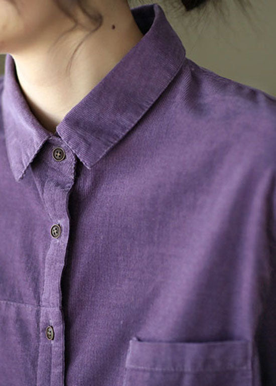 Einzigartige Lila Peter Pan Kragen Knopf Patchwork Cord Blusen Frühling