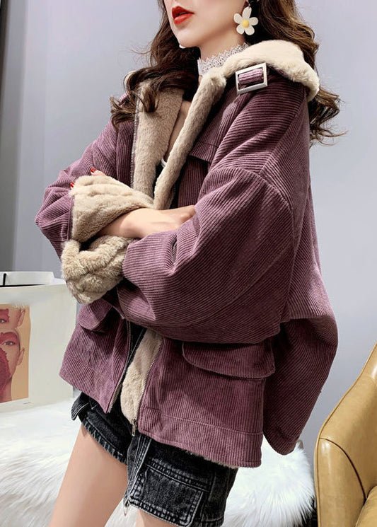 Einzigartige Lila Peter Pan Kragen Reißverschluss Warm Fleece Dicken Cord Parka Winter
