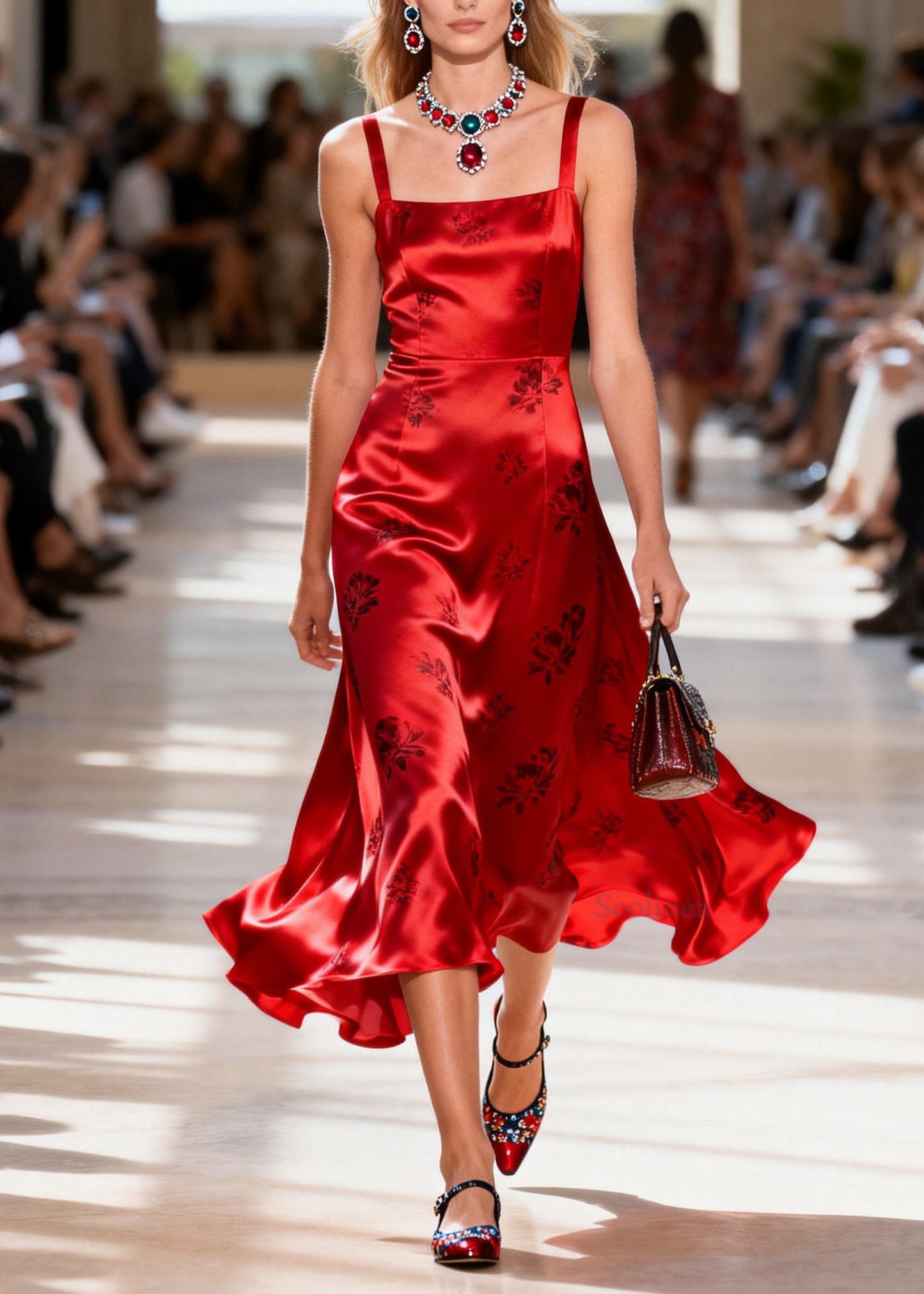 Unique Red Square Collar Print Silk Spaghetti Strap Dress Summer