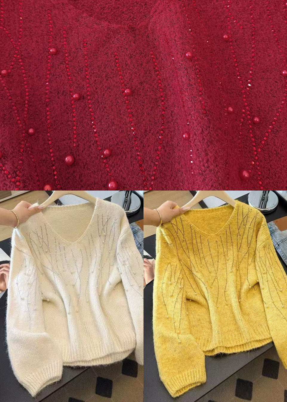 Unique Red V Neck Nail Bead Knit Sweater Winter