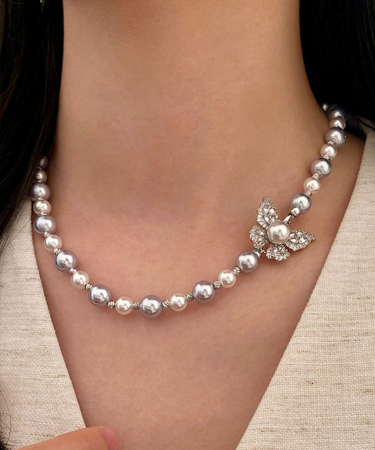 Unique Rose Butterfly Pearl Silver Choker