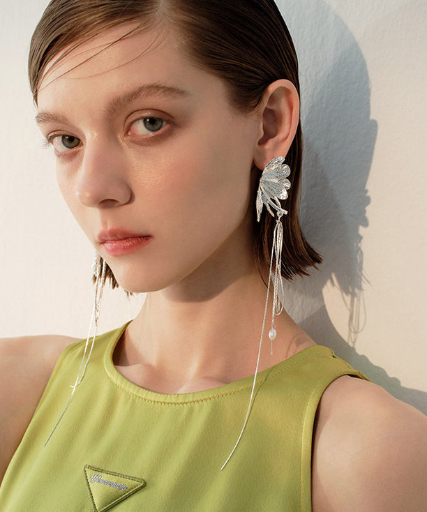 Unique Silk Asymmetric Butterfly Tassels Exaggeration Silver Plated Drop Earrings