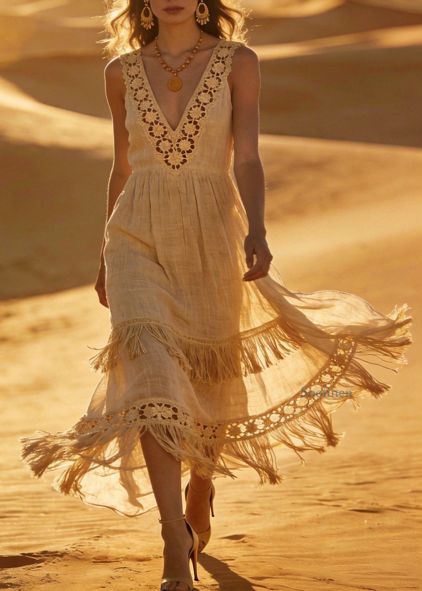 Unique V Neck Hollow Out Tassel Patchwork Cotton Dress Sleeveless