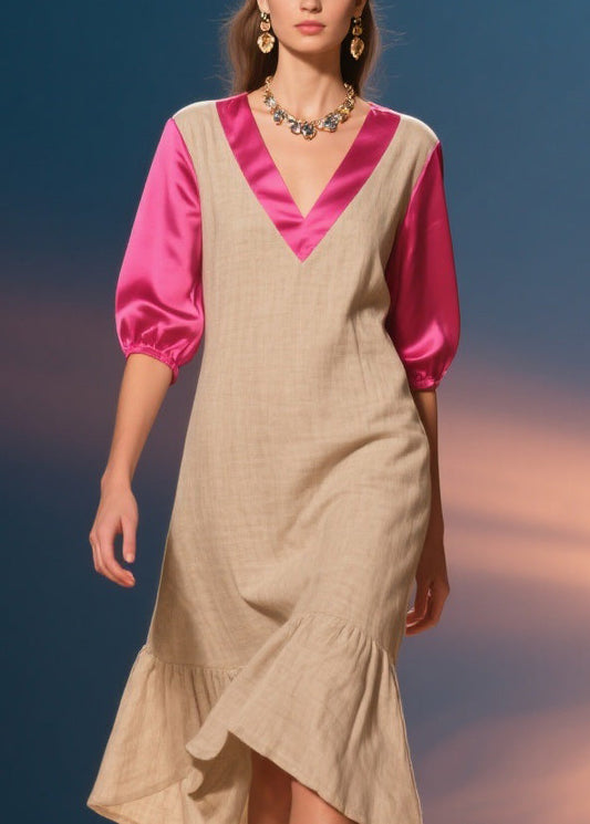 Unique V Neck Wrinkled Silk Patchwork Cotton Dress Summer