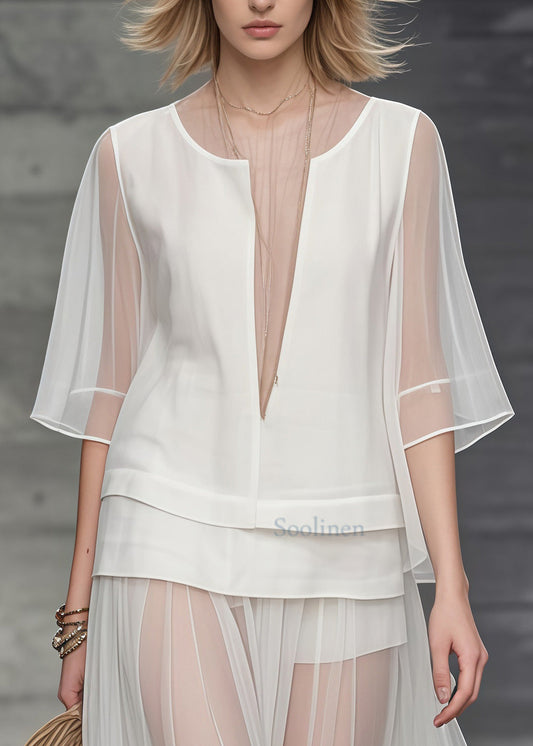 Unique White Deep-V Neck Patchwork Tulle Two Piece Set Women Clothing Summer